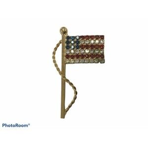 Gold Tone Rhinestone Flag Brooch Pin